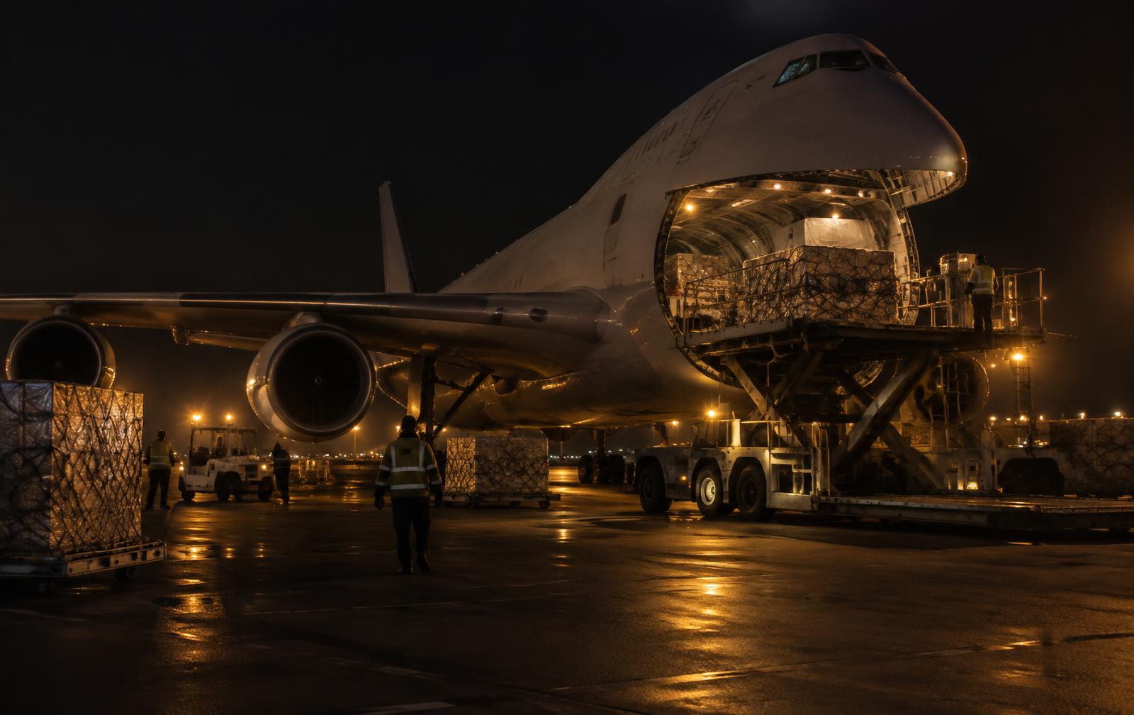 Freight aircraft being loaded at night
