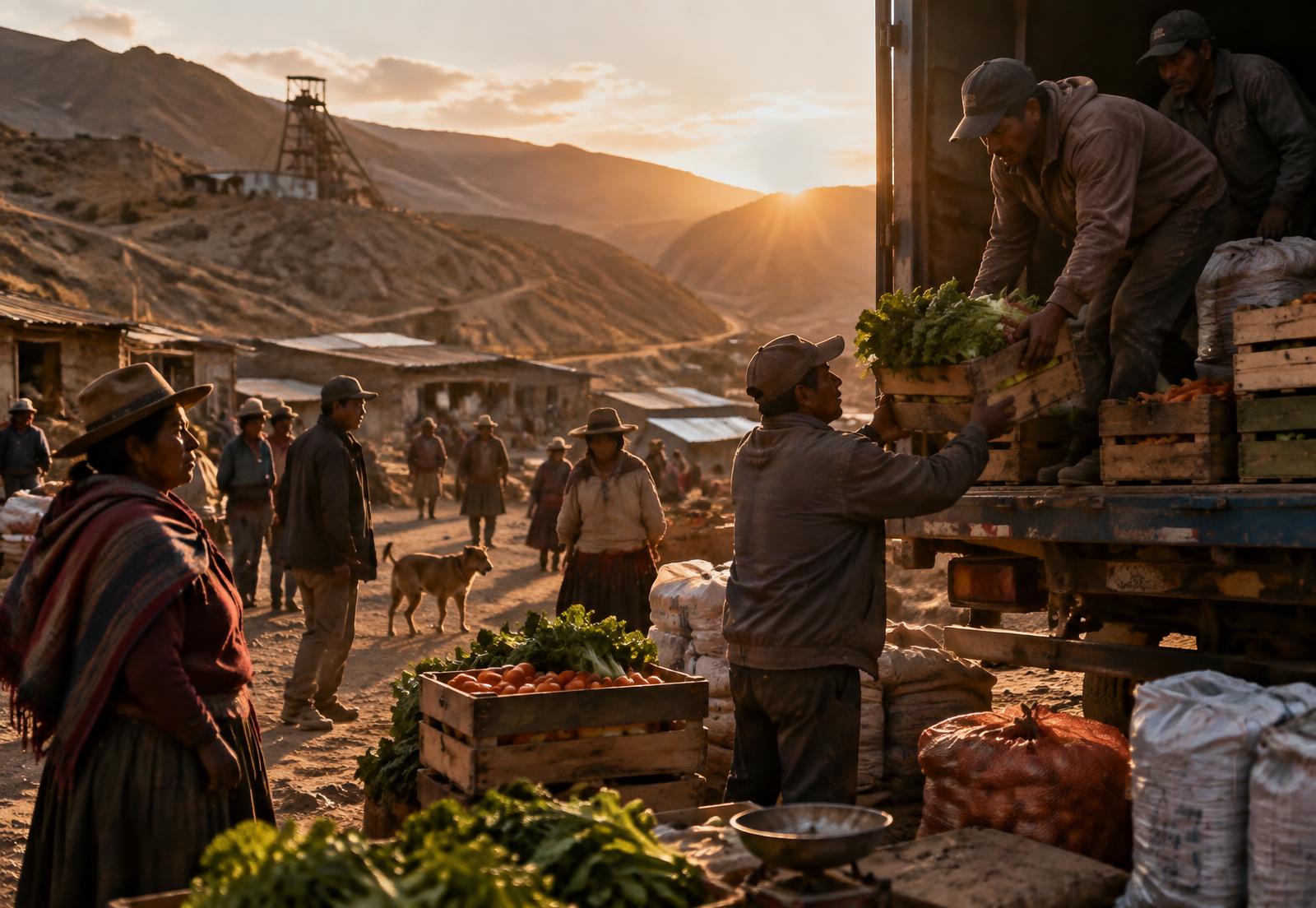 Supplies being unloaded at a mining community market