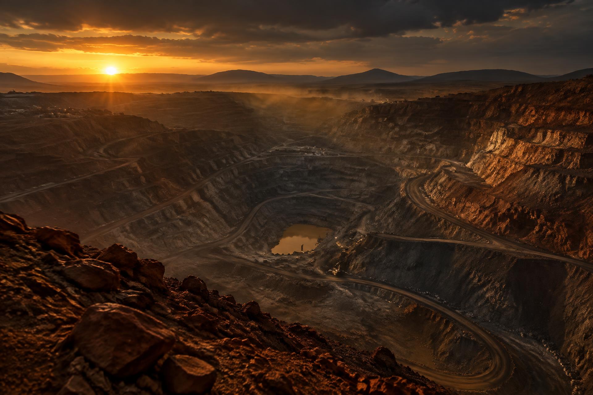 Open-pit gold mine at dusk