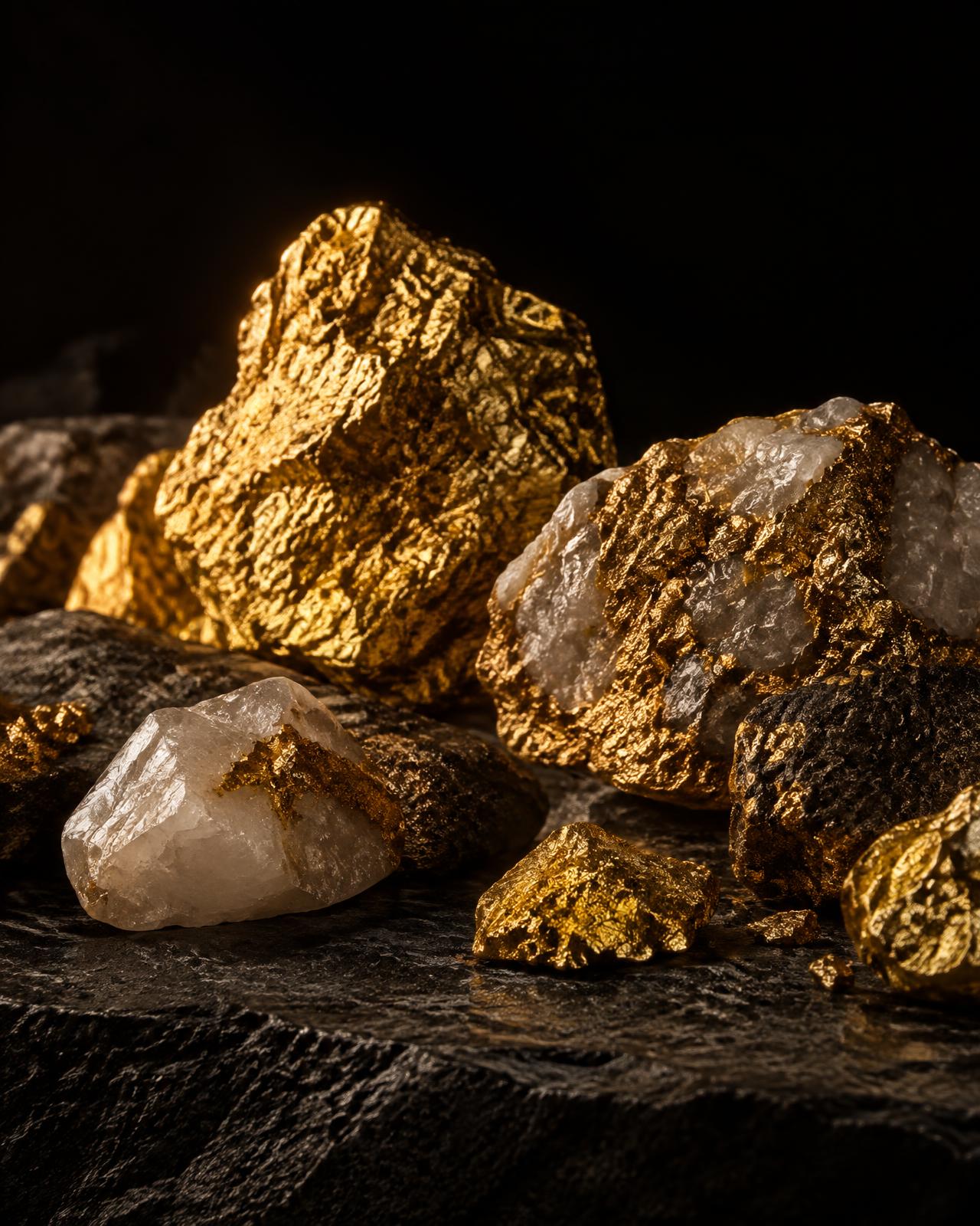 Raw gold ore and rough precious stones on dark slate