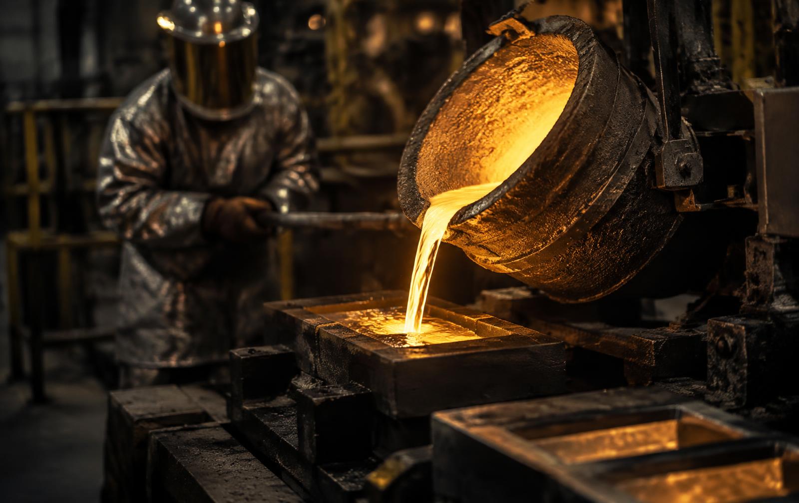 Molten precious metal poured inside a refinery